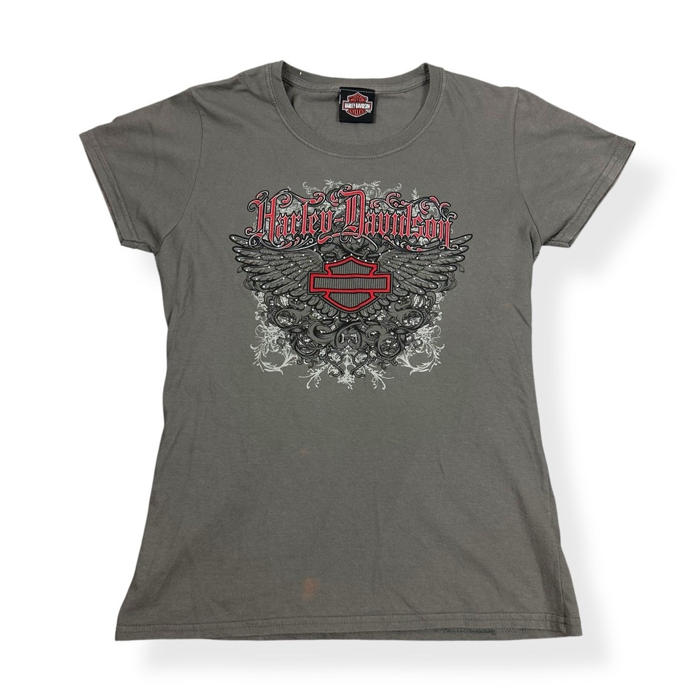 Harley Davidson Women's T Shirt Gray Red Cotton Small Embellished‎ Biker Wings